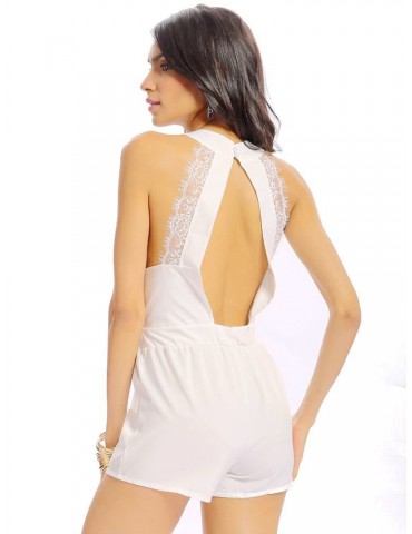 Women Casual Lace Stitching Backless Sleeveless V-neck Jumpsuit