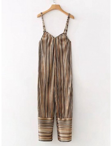 Casual Stripe Spaghetti Strap Loose V-neck Harem Jumpsuits