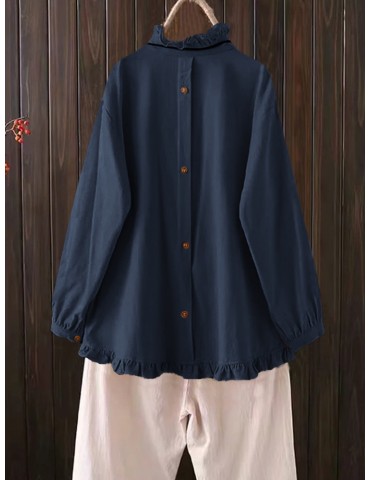 Casual Solid Color Ruffles Button Blouse