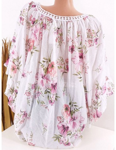 Laces Patchwork Floral Print Bandage Half Sleeve Blouse