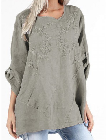 Vintage Embroidery Floral Solid Color Shirt