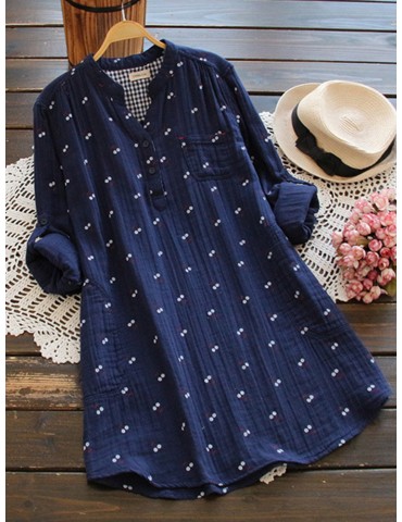 Vintage Printed V-Neck Long Short Sleeve Women Blouses