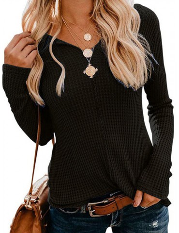 Knitting Solid Color Long Sleeve V-neck Blouse For Women