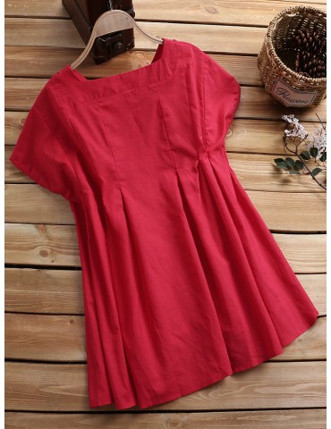 Solid Color Loose Pleated Short Sleeve O-neck Casual T-shirts
