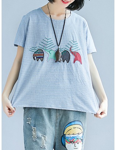 Stripe Elephant Embroidery Short Sleeve Casual T-shirts