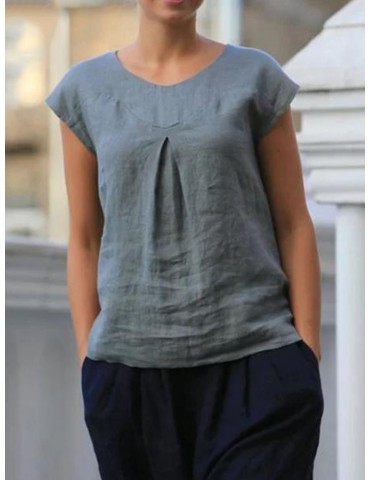 Short Sleeve Pleated Solid Color Casual T-shirt For Women