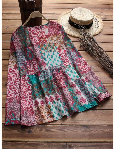 Folk Style Patchwork Print Long Sleeve Vintage T-shirts