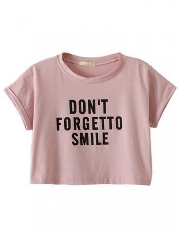Casual Letters Printed O-neck Sleeve Crop T-shirt