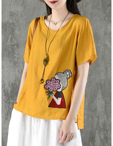 Cartoon Embroidered Irregular Short Sleeve O-neck T-shirts