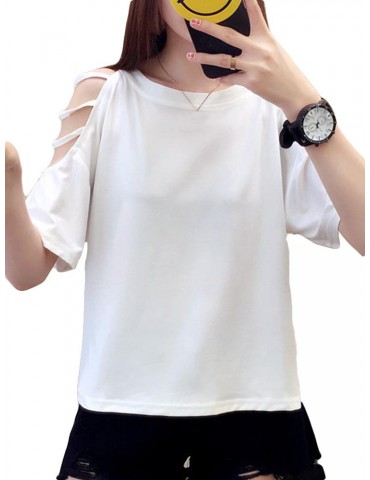 Solid Color Off The Shoulder Short Sleeve O-neck T-Shirts