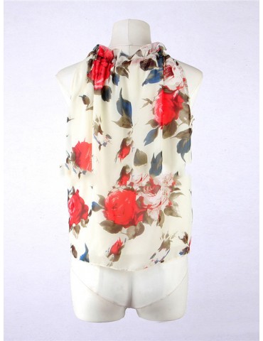 Floral Printed Halter Neck Sleeveless Chiffon T-shirt