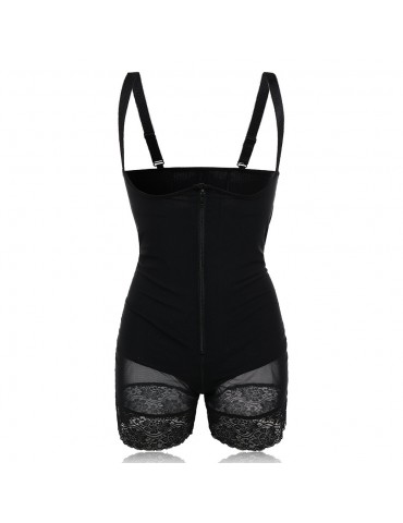 Plus Size Front Zipper Tummy Control Lace-trim Shapewear Bodysuit