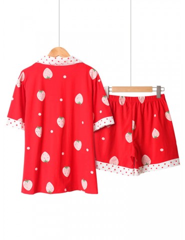 Cotton Cute Women Pajamas Polka Dot Strawberry Print Sleepwear Short Sets