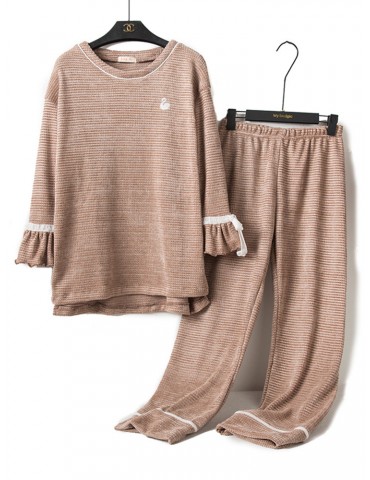 Plus Size Pajamas Long Sets Cotton Thick Long Sleeves Solid Color Casual Sleepwear