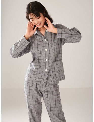 Cotton Pajamas Suits For Women Plaid Button Loose Long Sleepwear