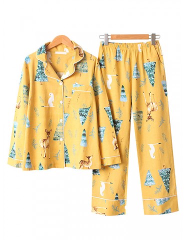 Cotton Comfy Women Pajamas Deer Forest Print Long Sets Sleepwear