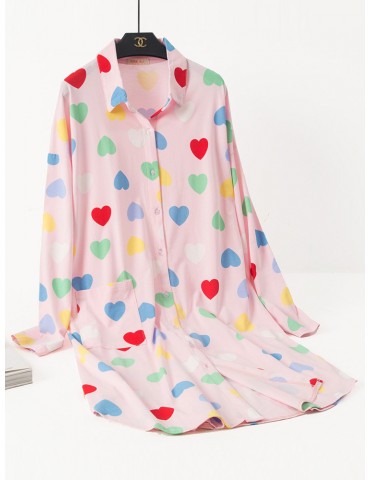 Plus Size Cotton Pajamas Long Sleeves Hearts Print T-Shirt Loose Nightdress