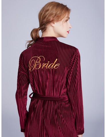 Velvet Bride Robe Pajamas Striped Embroidery Long Casual Belt Sleepwear