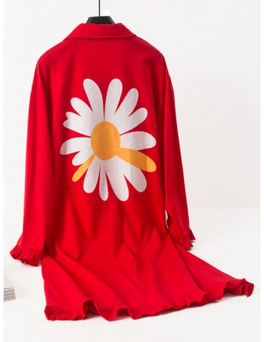Plus Size Long Sleeves Pajamas Cotton Flounce Sunflowers Print T-Shirt Nightdress