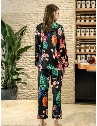 Casual Pajamas Tropical Print Silk Long Sleepwear Suits
