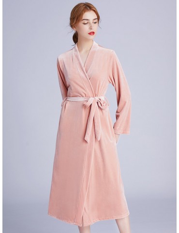 Velvet Long Robe Pajamas Belt V-Neck Soft Sleepwear For Bridesmaid
