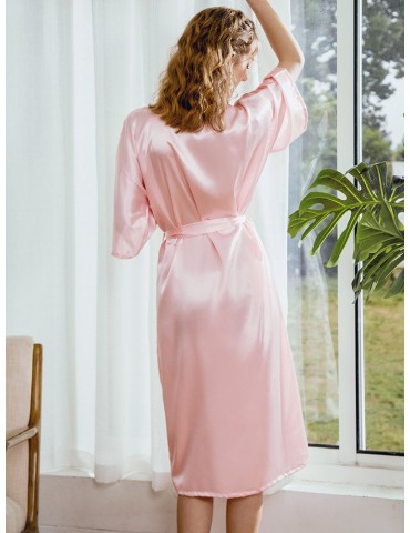 Plus Size Silk Pink Robe For Women Belt Half Sleeves Solid Color Pajamas