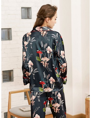 Silk Long Sleepwear Suits Plant Print Button Loose Pajamas