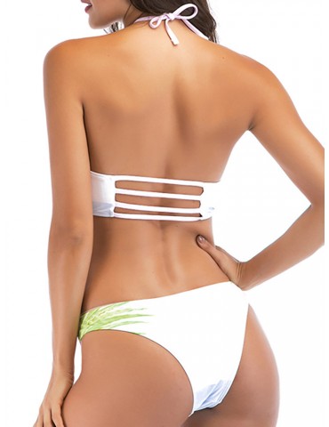 Sexy Spaghetti Halter Straps Palm Leaf Printing Hollow Out Bikini Set