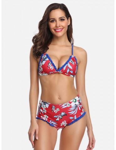 Women Swimwear Floral Triangle Deep V Edge Patchwork Backless Sexy Bikinis One Piece