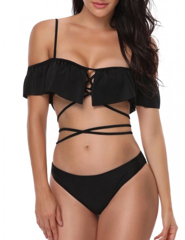 Lacing Ruffle Criss Cross Sexy Bikini Sets Swimsuit Swimwear For Women