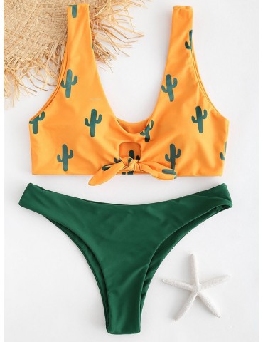 Women Sexy Bikinis Print Tie Front Bandeau Backless Swimwear