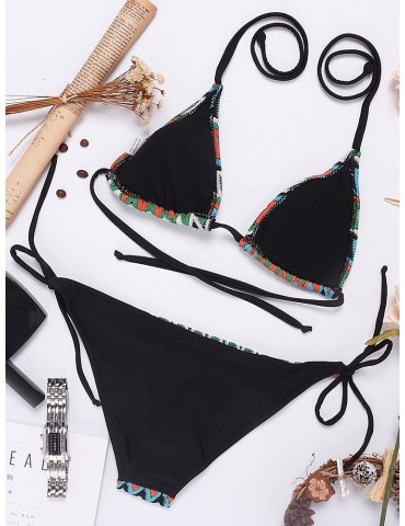 Plus Size Sexy Printed Crochet Backless String Triangle Bikini Swimwear For Women