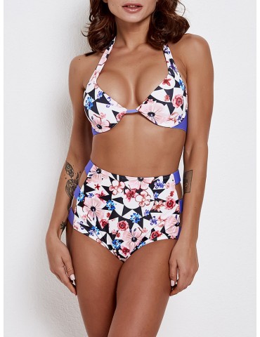 Sexy Swimwear Halter High Waist Floral Triangle Drawstring Bikinis For Women