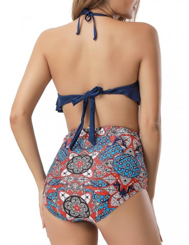 High Waist Halter Flounce Print Bikini Set