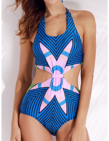 Vintage Geometric Printing Halter One Pieces Monokinis Swimwear