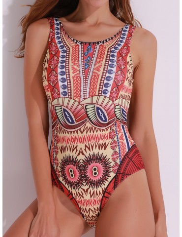 Retro Print U Back Wireless Bodysuit One Piece Swimsuit Swimwear For Women