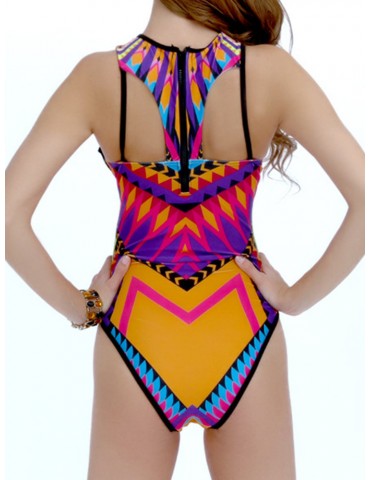 Sexy Geometric Printed Hollow Out Zipper Monokini Swimwear