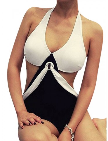 Plus Size Women Sexy Triangle One Piece Bikini Halter Elastic Hollow Swimsuit