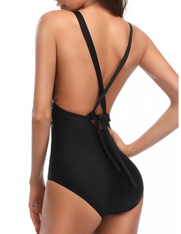 Lace Patchwork Sexy Strap Hanging Neck Backless One Piece Swimsuit For Women