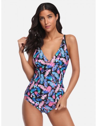 Plus Size Print V Neck Tankinis Cover Belly Sling Women Swimsuits By Newchic