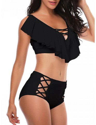Plus Size Hollow Criss Cross Tankini Set Swimsuit Swimwear For Women