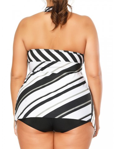 Plus Size Halter Wide Stripe Deep V Sexy Two Piece Tankini Swimsuit