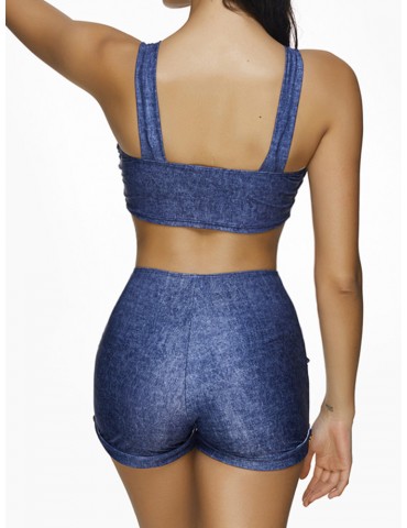 Jean Printed Button Super Elastic Tankini Set Swimsuit