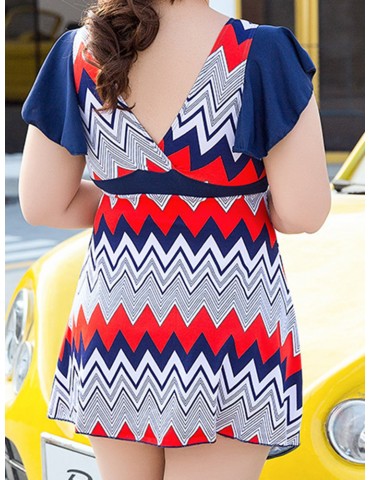 Plus Size Wave Printing Ruffle Short Sleeves V Shape Back Wireless Swimdress For Women