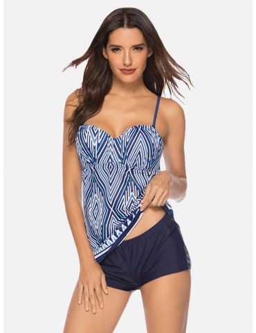 Plus Size Geometric Printed Striped Sling Cover Belly Tankinis For Women