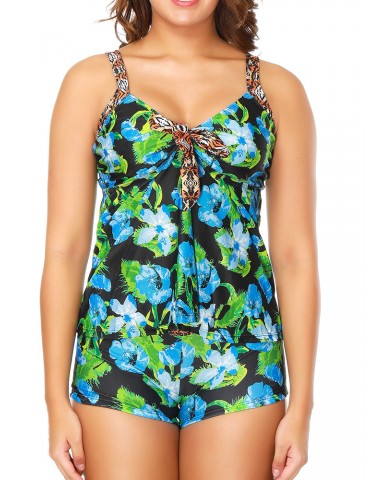 Plus Size Leopard Printed Tie Front Ruffled Cover Belly Comfort Tankinis Swimsuits For Women