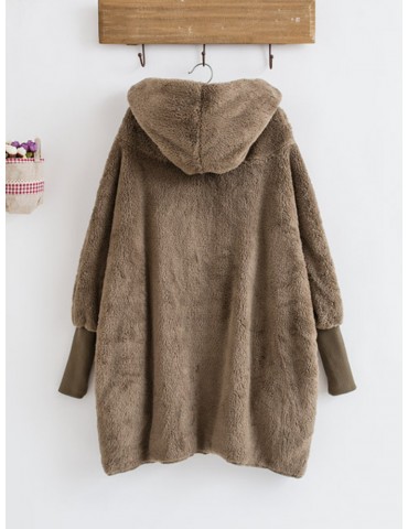 Casual Pure Color Thicken Bat Sleeve Hooded Women Plush Coats