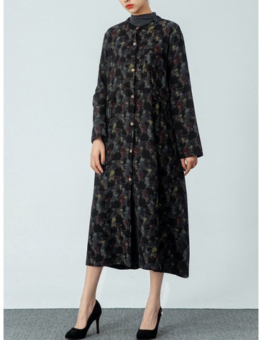 Vintage Printed O-neck Button Long Thin Coat