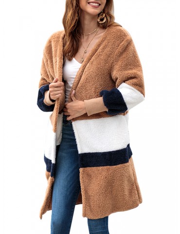 Fleece Patchwork Contrast Long Coats