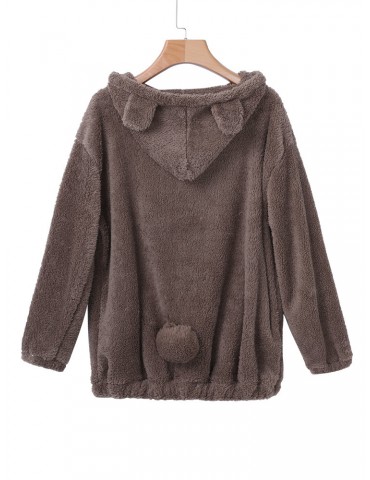 Women Bear Hooded Pure Color Fleece Zipper Coats